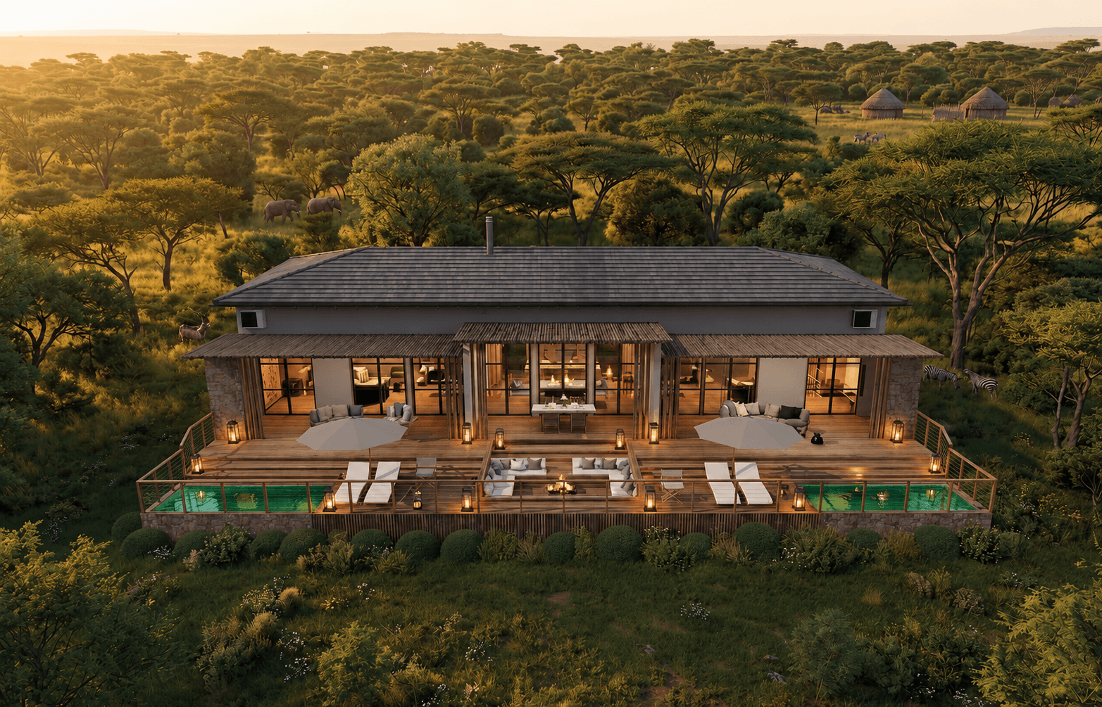 Xola from above at twilight — twin plunge pools and lantern light