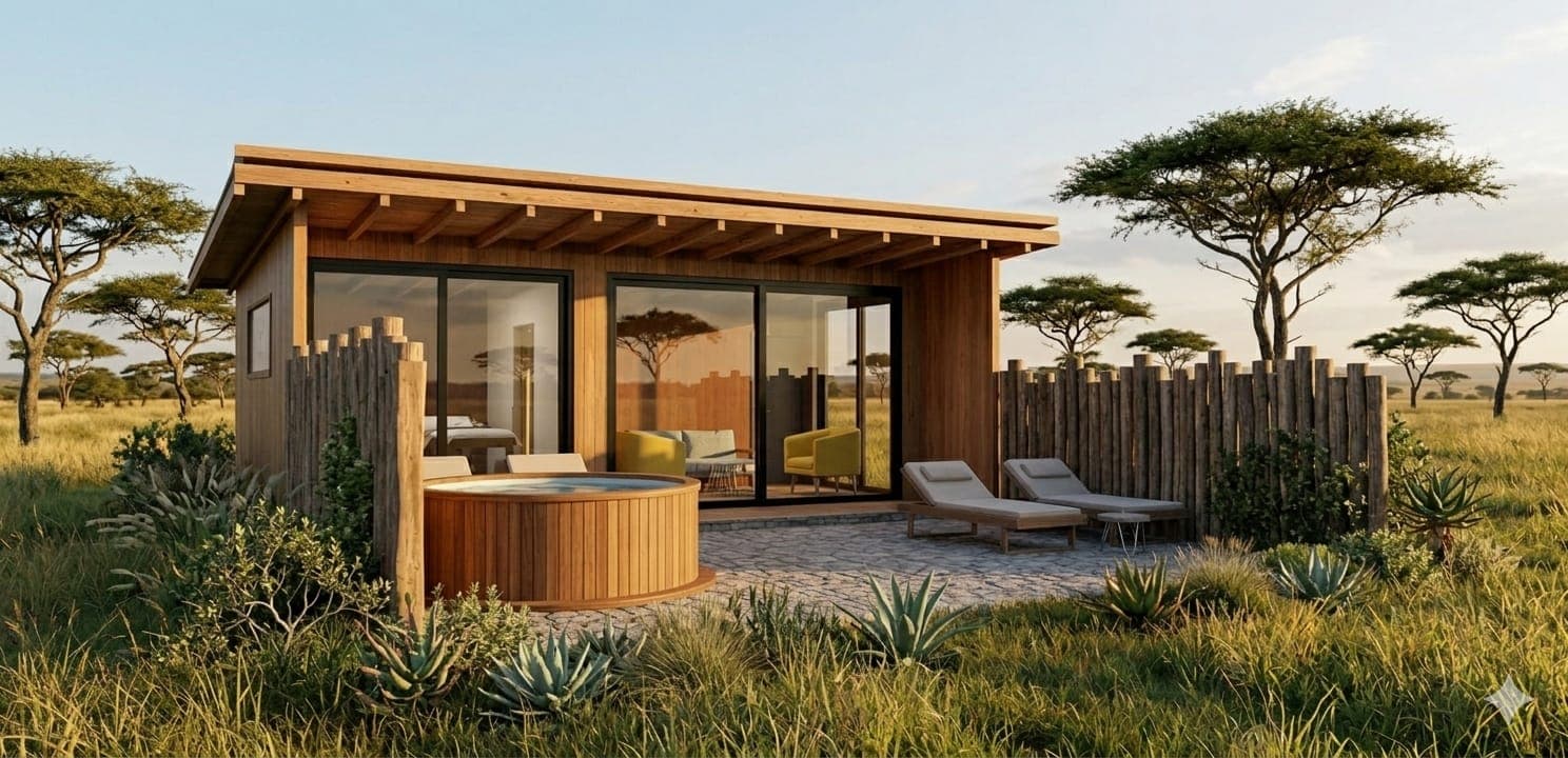 A villa deck with the round wood-clad hot tub, looking across the open plains
