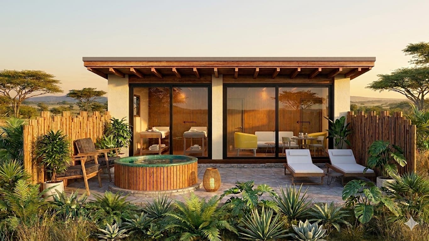 The Xola wellness pavilion — twin massage rooms behind glass, hot tub on the patio